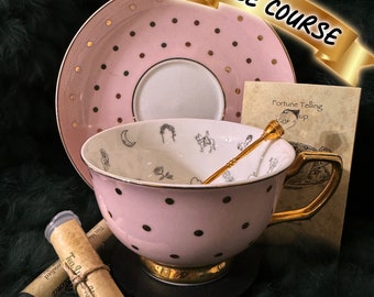 Pale pink and gold polka dot Tea cup and saucer set. Fortune teller teacup. Tea leaf reading kit with FREE course.