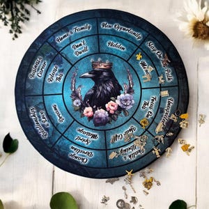 May include: A blue and black circular divination board with a raven illustration and floral accents. The board is divided into 12 sections, each with a different phrase.  The phrases include "Release This", "Dreams", "Relationships & Love", "Business & Career", "Change Direction", "Spirit Message", "Your Gift", "Unexpected This", "Focus On This", "Stay On The Path", "Hidden", and "New Opportunity".
