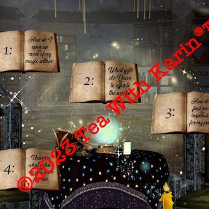 Könnte beinhalten: Ein mystisches Bild mit offenen Büchern, die Fragen wie „Wie kann ich meine Magie in mir entfalten?“ zeigen, und einer Kristallkugel auf einem Tisch mit Sternenmuster. Der Hintergrund zeigt eine Bibliothek.