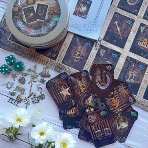 Steampunk Tea Leaf Reading Kit – Cards, Charms & Dice