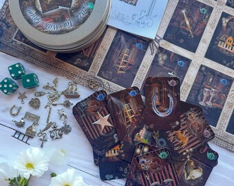 Steampunk Tea Leaf Reading Kit – Cards, Charms & Dice