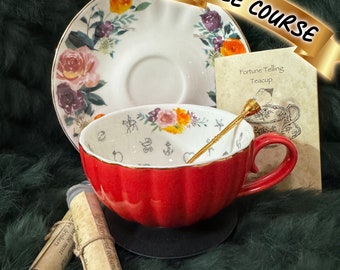 Red Floral cup. Learn tea leaf reading, original Lenormand teacup. Porcelain tea cup. Fortune telling. Free course. Gift for friend, Mom