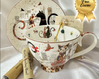Calico Cat Fortune Telling Teacup. FREE Learn Tea Leaf Reading Course.