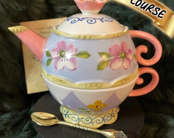Tea for one teapot and tea cup set. Perfect gift for Mom, friend or bridal shower gift. Tea leaf reading cup.