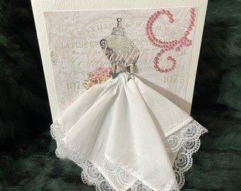 Elegant Lady Handmade Greeting Card with Handkerchief Dress - Unique Card and Gift Combo. Perfect gift for Mom, friend or special person.