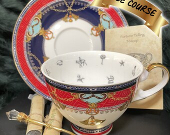 Designer style red and blue tea cup and saucer set. Teacup and saucer set. FREE course Tea leaf reading.