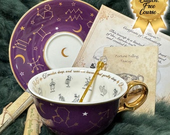 Limited Edition Purple Tarot Tea cup and saucer set. Astrology teacup with Tarot suits.Real 24kt gold. Full tea leaf reading kit FREE course
