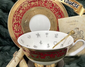 Red embossed gold tea cup and saucer set. Teacup and saucer set. FREE course Tea leaf reading.