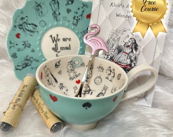 Alice in Wonderland. Learn tea leaf reading. Porcelain tea cup saucer. Fortune telling. FREE course. Spiritual guidance.