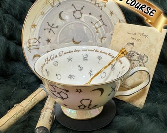 White Gold Lustre Tea cup and saucer set. Perfect gift. Astrology teacup real 24kt gold. Vintage style tea set. FREE course.
