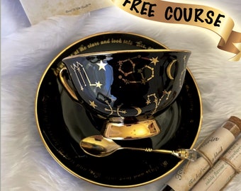 Teacup and Saucer, Astrology Cup, Fortune Telling Teacup, Tea Leaf Reading Cup, Tarot, Tea Leaf Reading Set, Witchy Gifts, Divination Tools,