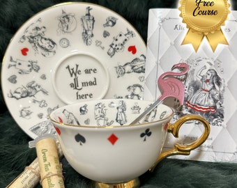 Alice in Wonderland. Learn tea leaf reading. Porcelain tea cup saucer. Fortune telling. FREE course. Spiritual guidance.