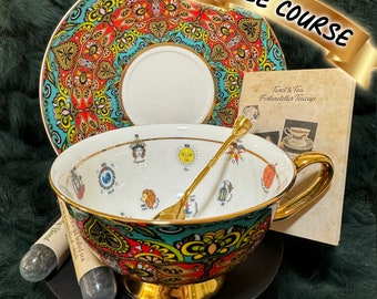 Tarot Tea cup and saucer set. Beautiful Moroccan color teacup set. Major Arcana Tarot Teacup. Tea leaf reading cup.