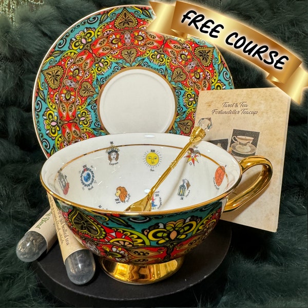 Tarot Tea cup and saucer set. Beautiful Moroccan color teacup set. Major Arcana Tarot Teacup. Tea leaf reading cup.