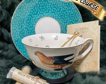 Aqua Bird Tea cup and saucer set gift fortune telling teacup tarot tea party divination gift for female birthday mom witch Bridal party