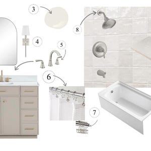 May include: A bathroom vanity with a white countertop and a light gray cabinet with gold hardware. The vanity has a large arched mirror above it and two sconces on either side. The bathroom also features a white bathtub, a shower with a shower head and a shower handle, a shower curtain rod with white shower curtains, and a shelf with a white tile.