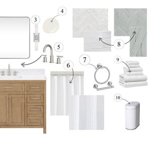 Tablero conceptual para baño con lista de fuentes, enlaces de compra, descarga digital, tablero de estado de ánimo, tablero de tocador de roble natural, enlaces de productos