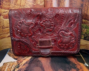 Vintage Western Red Hand Tooled Leather Handbag/Clutch Purse