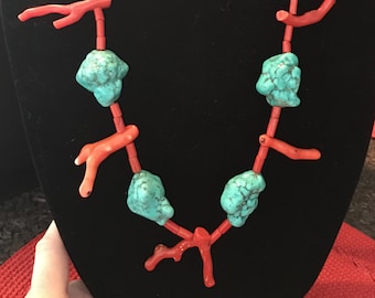 Heavy Red Branch Coral and Howlite Necklace