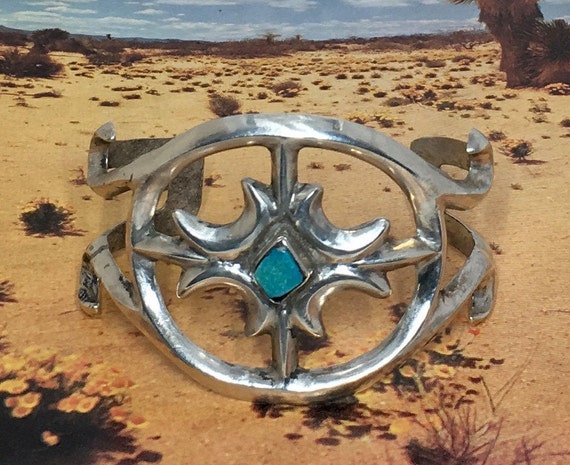 Vintage Sterling Turquoise Sand Cast Bracelet - image 1