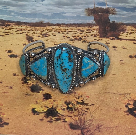 Navajo Old Pawn Vintage Kingman Turquoise & Sterling Silver Cuff Brace – A  Western Wedding Co