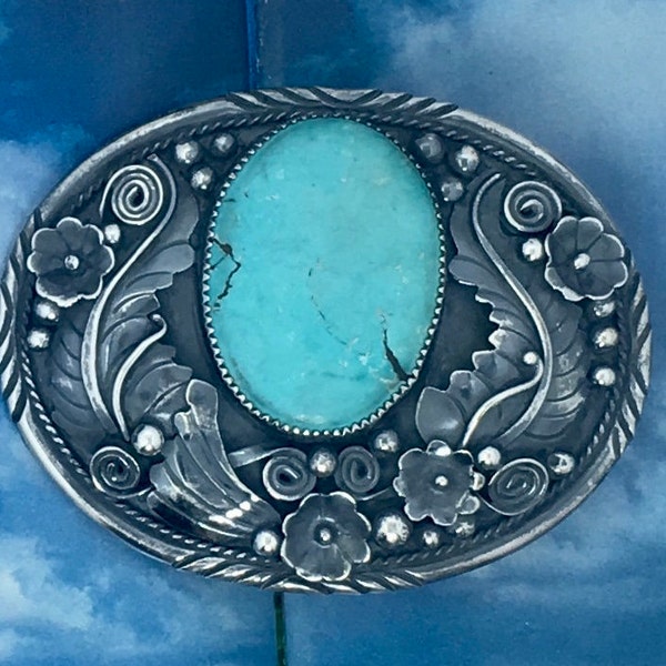 Vintage Native American Navajo Robert Johnson Sterling Squash Blossom Turquoise Feather Belt Buckle