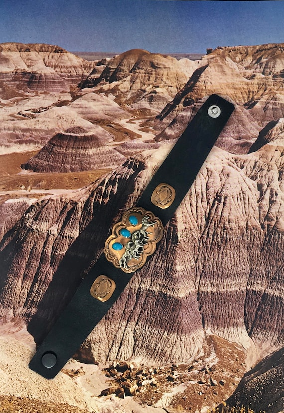 Copper & Turquoise Running Horses Leather Bracelet