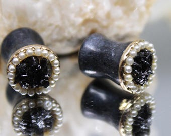 Black Onyx Pearl Halo Plugs, Gothic Victorian Gauges (8mm)