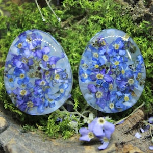 Forget Me Not Plugs: Resin Teardrop Ear Tunnels with Blue Flowers