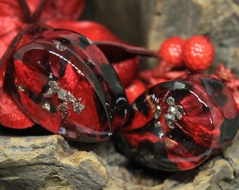 Teardrop Black Plugs: Red Rose Stone Tunnels (0g 00g 1/2 inch - 28 mm)