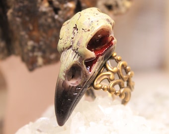 halloween Raven Skull Ring Goth Gift Gothic Creepy Statement Skull Ring taxidermy jewelry, oddity, Witch Witchcraft jewelry, crow skull