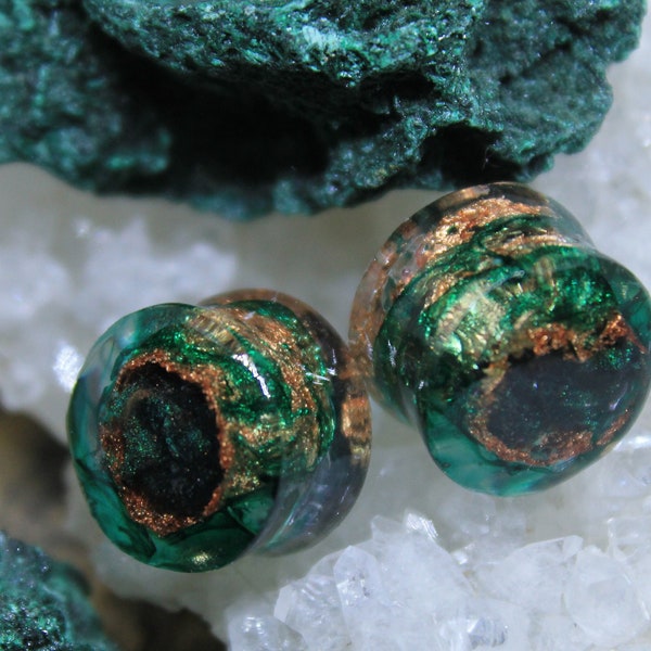 emerald plugs with malachite gauges green Wedding plugs 0g 00g 1/2 inch 30mm  50 mm rose gold plugs green Gemstone plugs and tunnels emerald