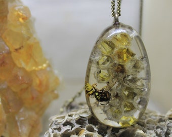wasp necklace with citrine pendant with insects honeycomb pendant necklace with  with raw citrine nature jewelry stone honey drop pendant
