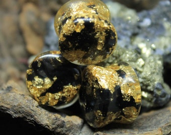 Obsidian Stone Plugs: Black & Gold Goth Gauges