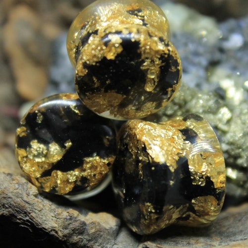 Obsidian Plugs Black Gauges Gold Goth Wedding Plugs Goth Etsy