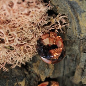 May include: Two round, clear glass ornaments with copper foil and pink and white pieces inside. The ornaments are sitting on a piece of tree bark.