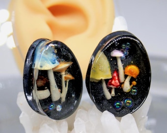 25 mm Mushroom Teardrop Plugs, Resin Ear Gauges, Forest Core Jewelry, Unique Botanical Tunnels