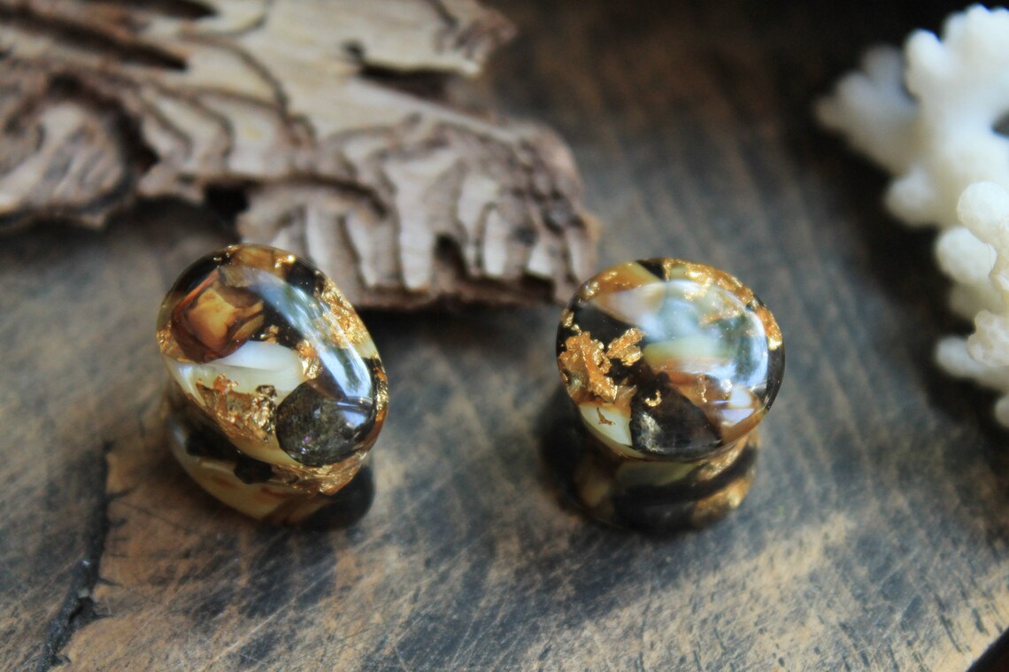 Brown Stone Gauge Gold Plug and Tunnel Pearl Gauge Bridal Plug Etsy