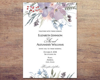 floral wedding invitation template burgundy wedding invites etsy