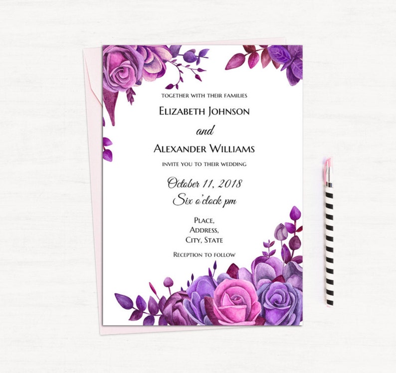 Purple roses invitation template Floral wedding invitation Etsy