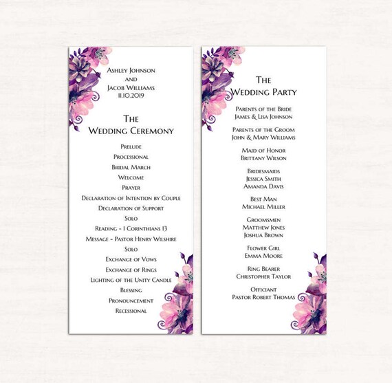 Purple Wedding Programs Romantic Lavender Wedding Program Etsy