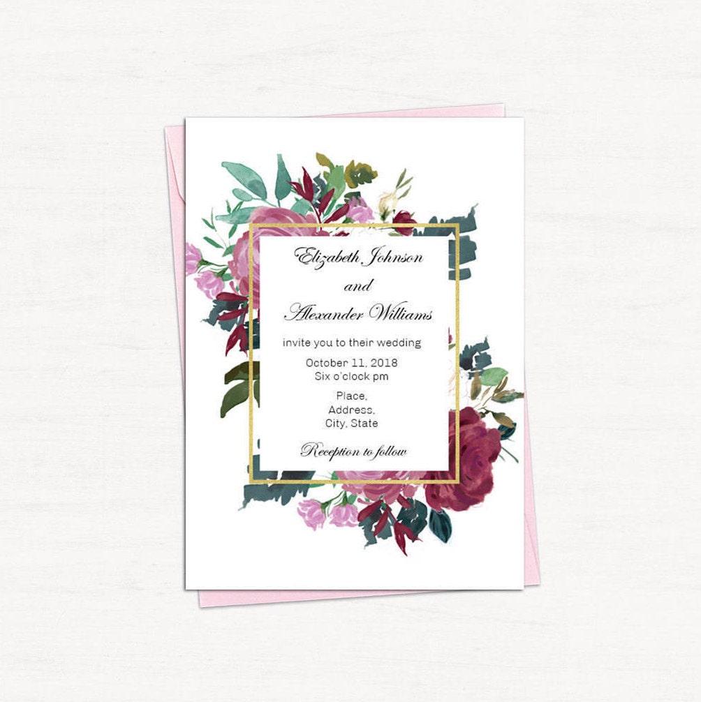 Floral wedding invitation template Burgundy wedding ...