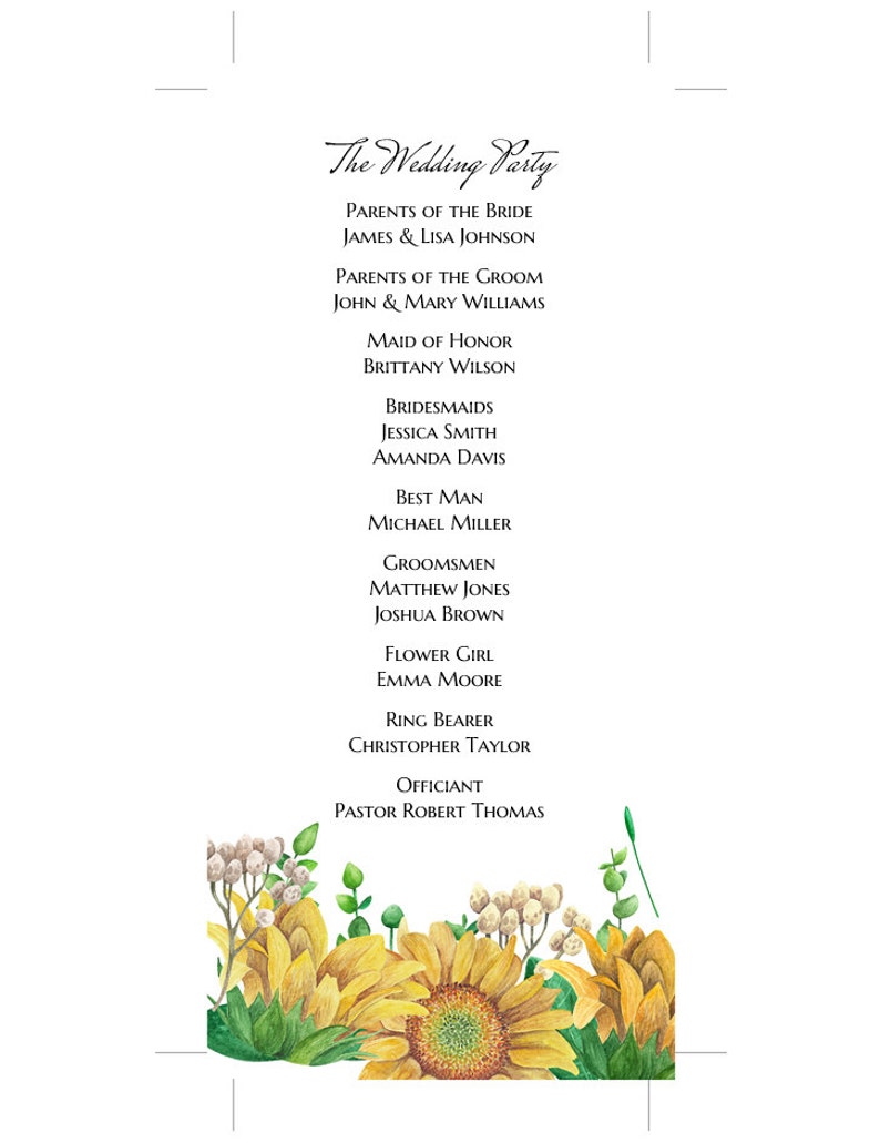 Rustic wedding program template Country ceremony Sunflower program printable Floral ceremony program card download Botanical wedding 1W132