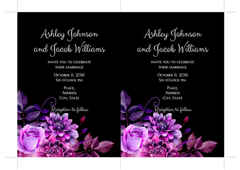 Black and purple wedding invitation template Gothic