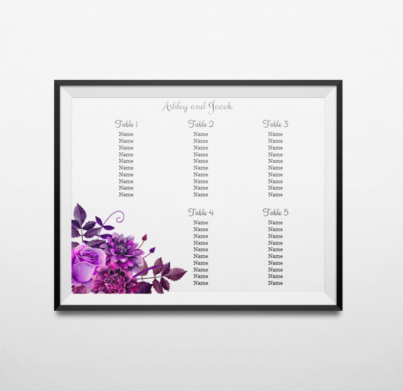Wedding seating chart template Table seating chart printable Purple wedding Diy seating plan template Lavender wedding watercolor 1W38