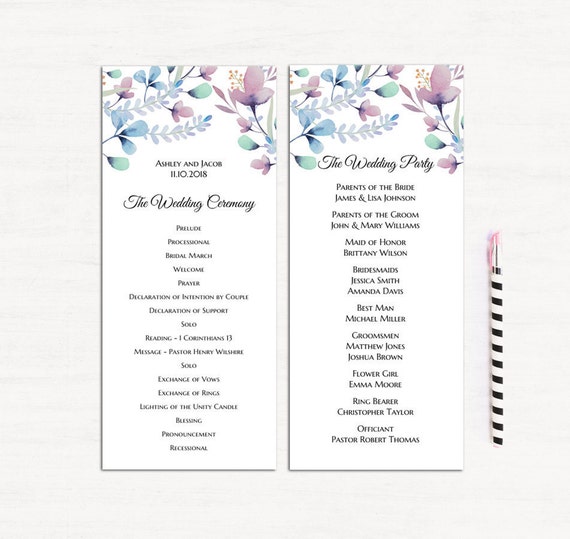 Floral Wedding Program Template Spring Ceremony Card Garden Etsy