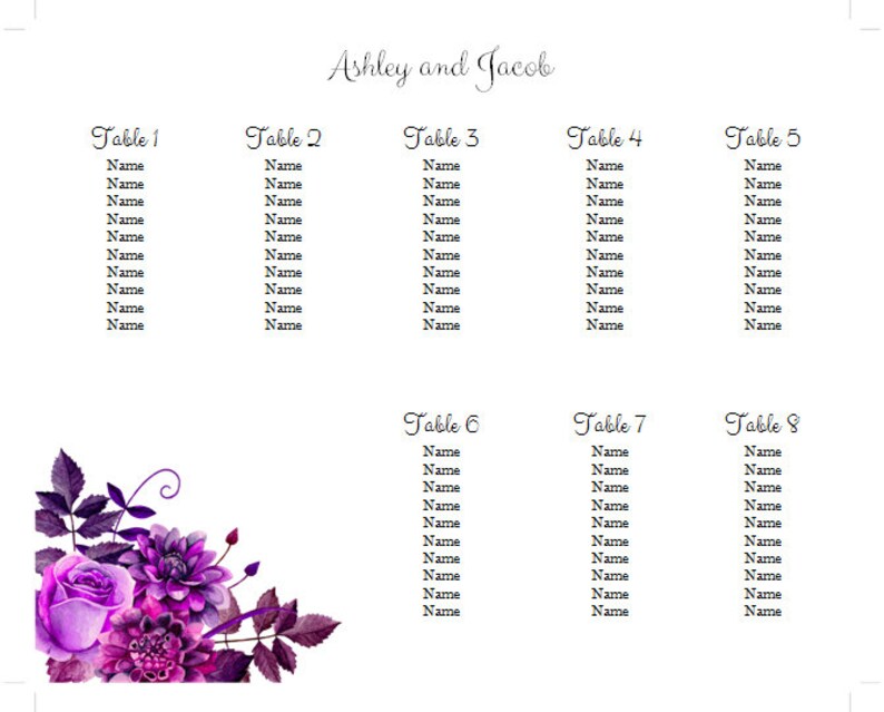 Wedding seating chart template Table seating chart printable Purple wedding Diy seating plan template Lavender wedding watercolor 1W38