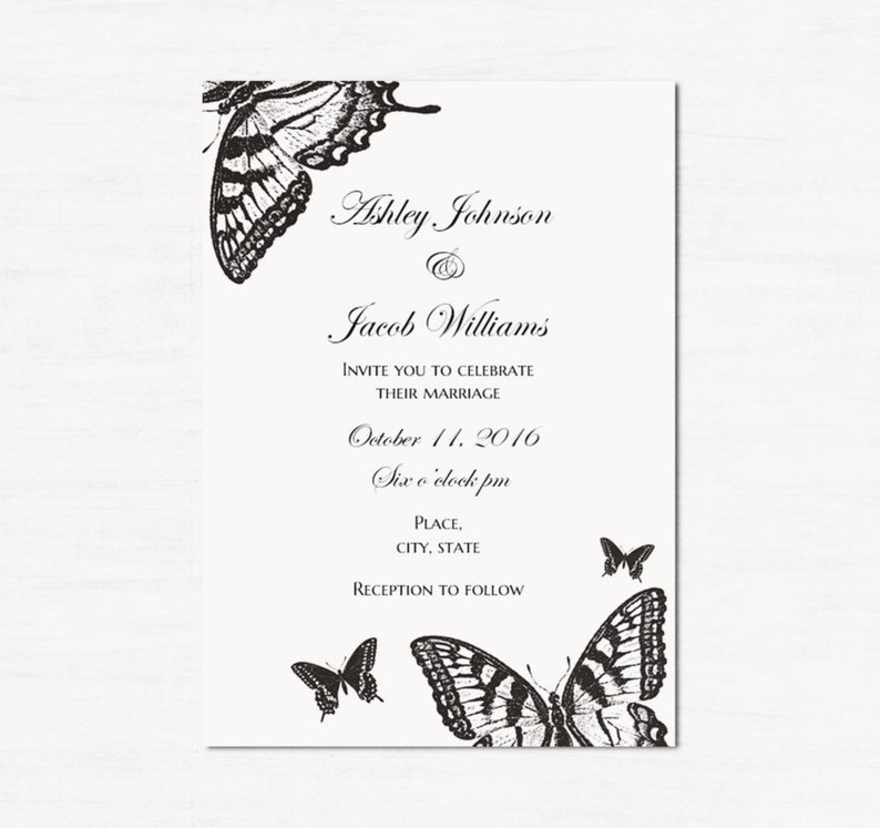 Butterfly Wedding Invitation Printable Black And White Wedding Etsy