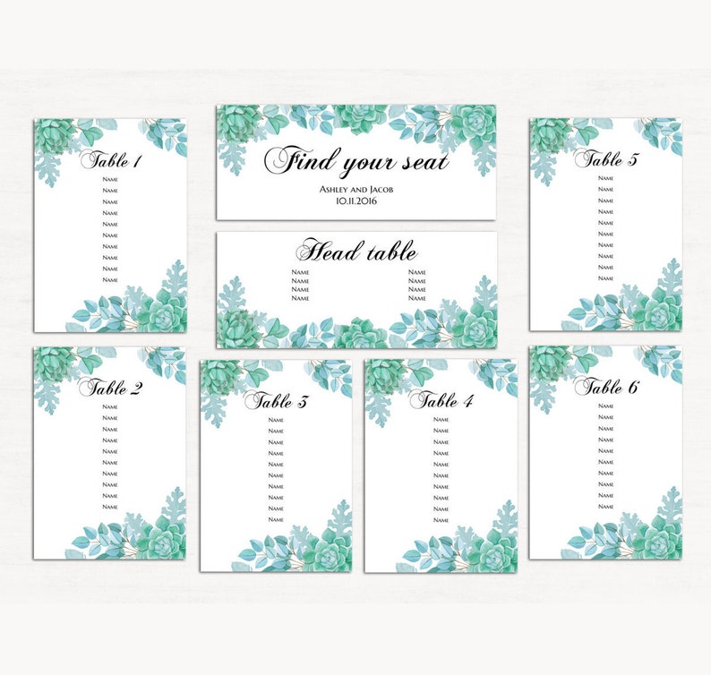 Succulent wedding seating chart template Mint wedding Floral seating plan printable Botanic wedding table plan diy Instant download 1W128