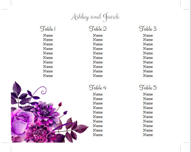 Wedding seating chart template Table seating chart printable Purple wedding Diy seating plan template Lavender wedding watercolor 1W38
